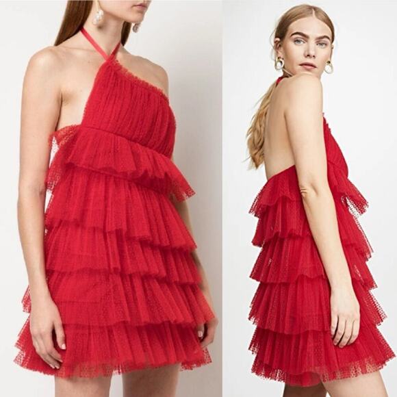 Alexis Raina Tiered Ruffled-Tulle Halter Mini Dress Cherry Red Size Medium - Picture 9 of 9